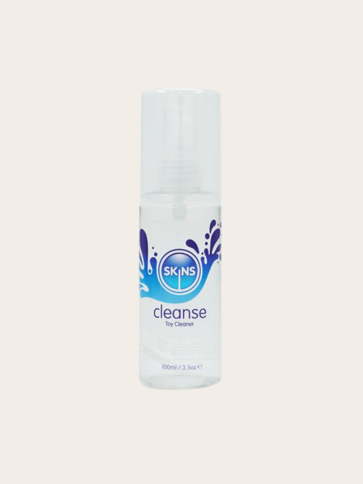 SKINS Cleanse Hy Cleanser 100ml pump bottle with a clear cap and white label featuring blue and purple splash graphics, centered on a light beige background.
