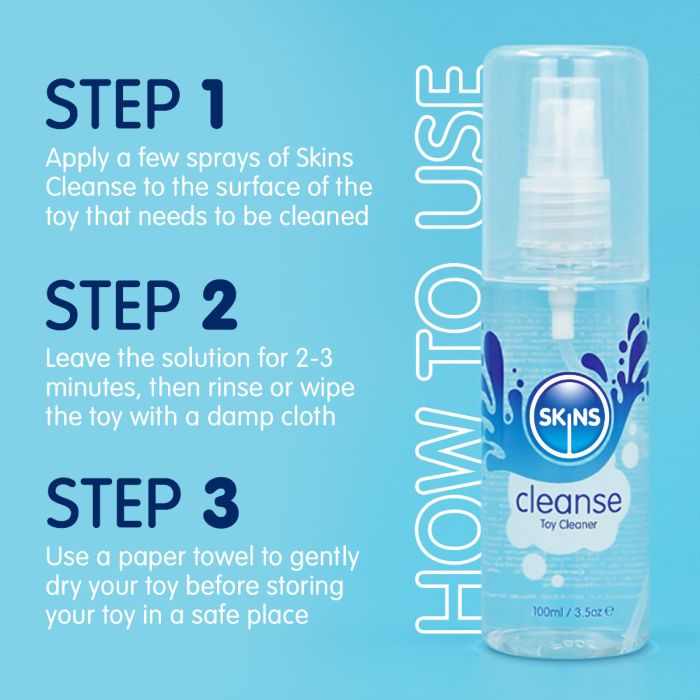 Skins Toy Cleaner bottle with usage instructions on a blue background