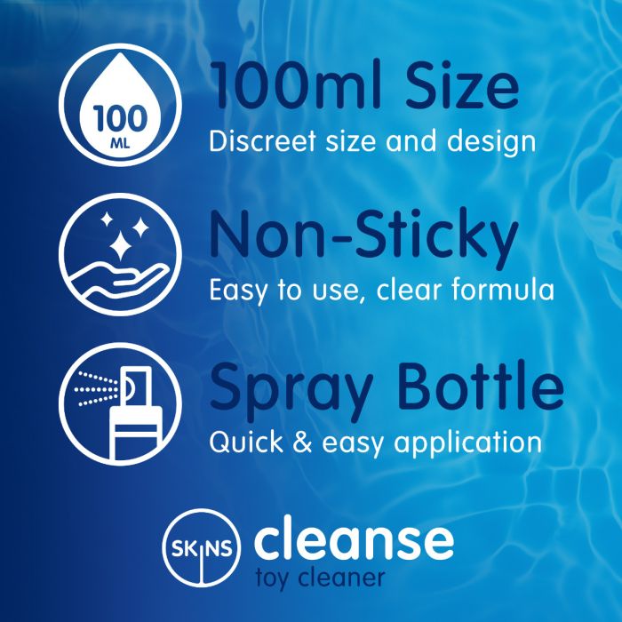 Promotional graphic for SKINS cleanse toy cleaner with features on a blue background