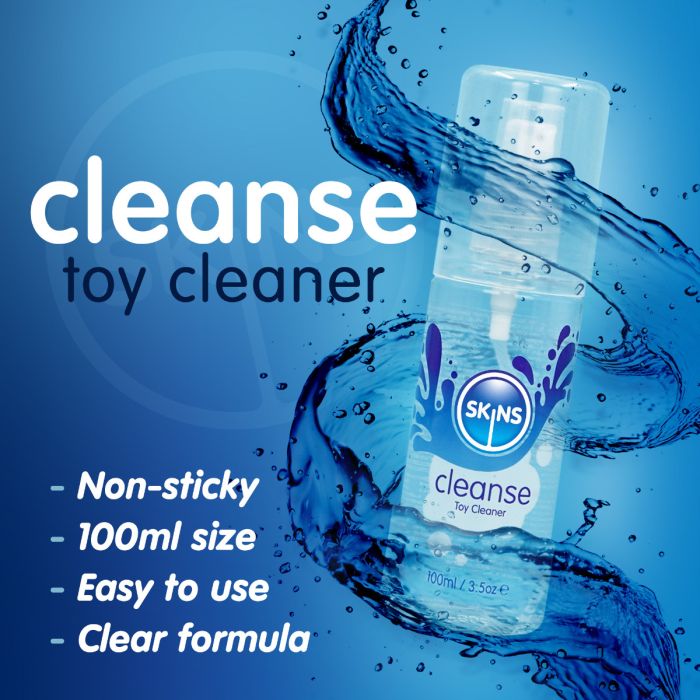 SKINS cleanse toy cleaner bottle with water splash on a blue background