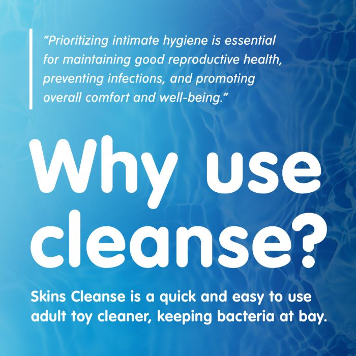 Promotional text about Skins Cleanse on a blue background with water texture