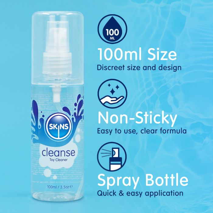 Spray bottle with Skins logo on a blue background, featuring product features like size, non-sticky formula, and quick application.