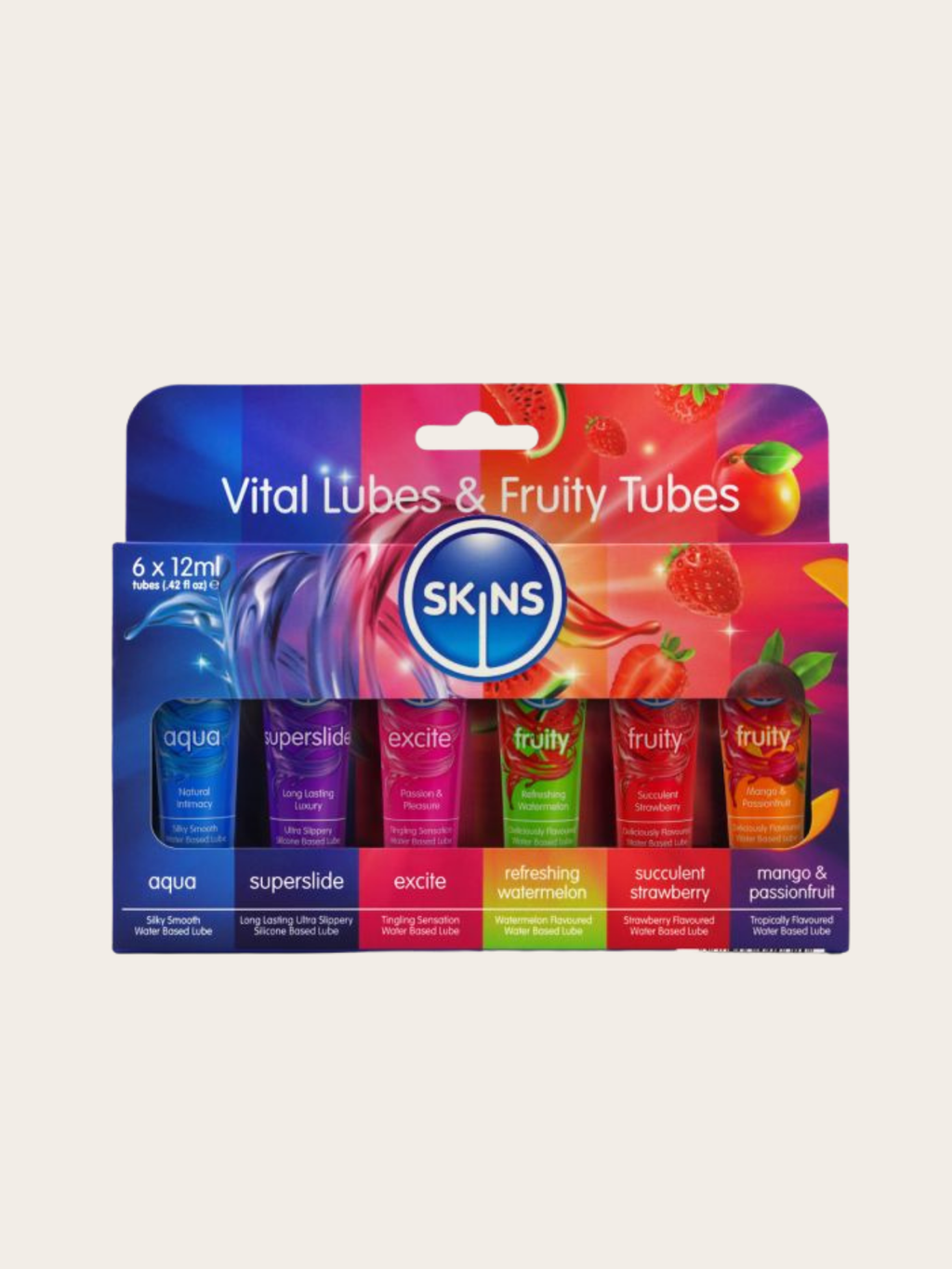 SKINS Vital Lubes & Fruity Tubes 6-pack in retail packaging, featuring six colorful tubes with labels for aqua, superslide, excite, refreshing watermelon, succulent strawberry, and mango & passionfruit on a light beige background.