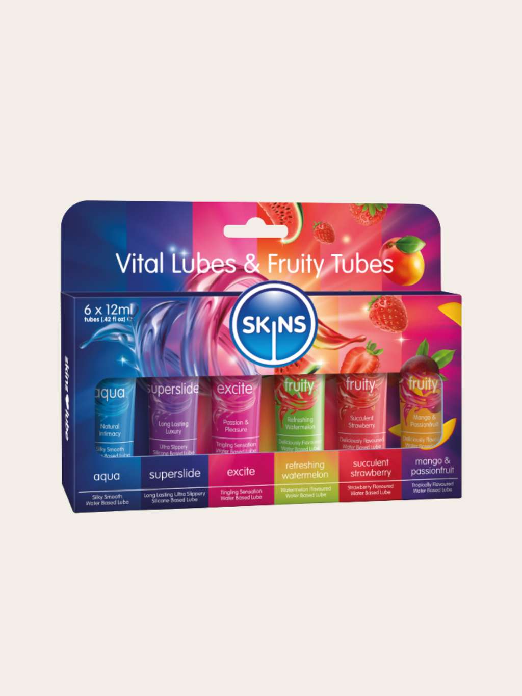 SKINS Vital Lubes & Fruity Tubes set in its retail packaging, featuring six colorful tubes of body oil with illustrations of fruits on a vibrant, multicolored box.
