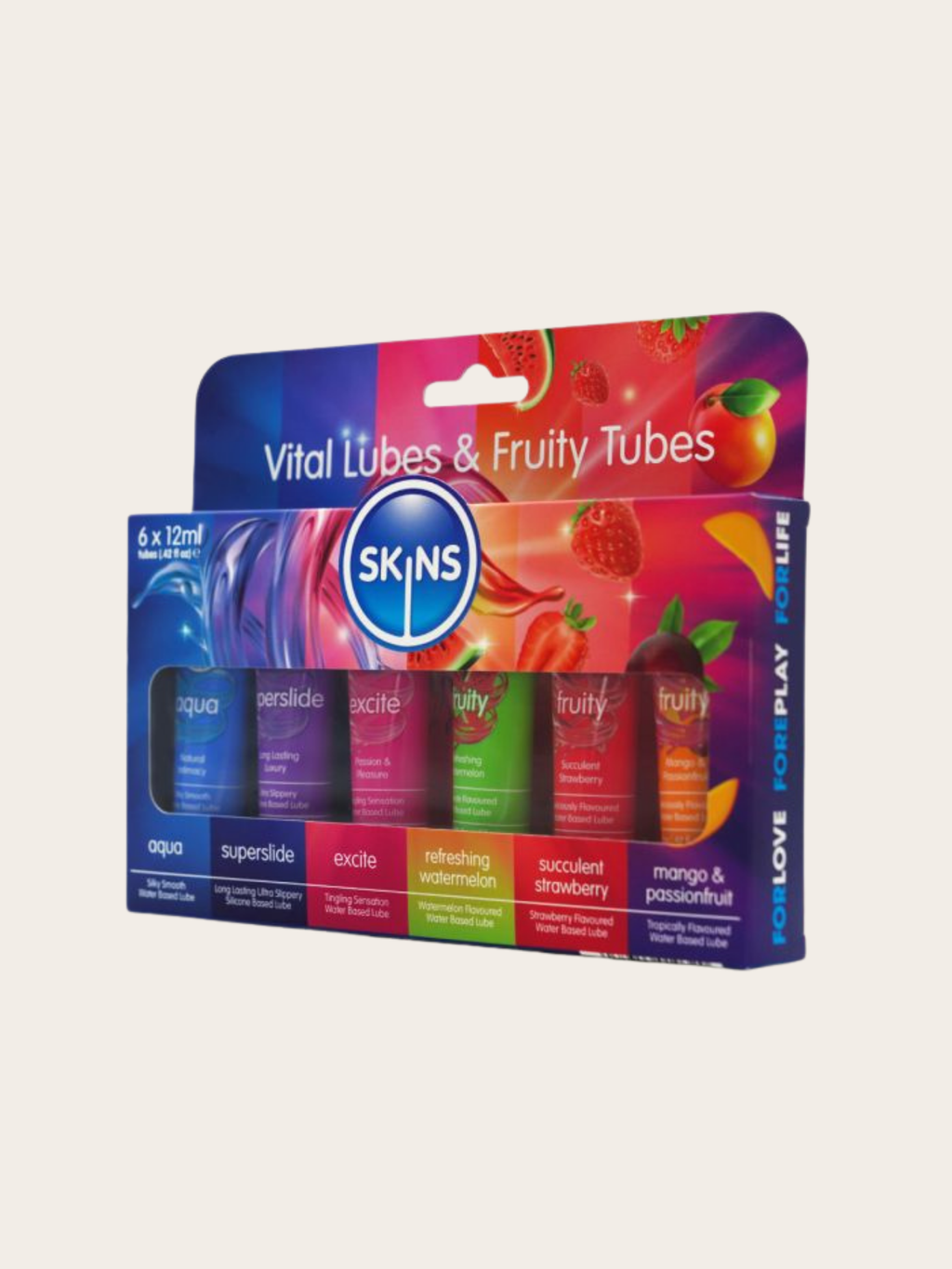 SKINS Vital Lubes & Fruity Tubes set in its retail packaging, featuring six colorful tubes in a vibrant, multicolored box.