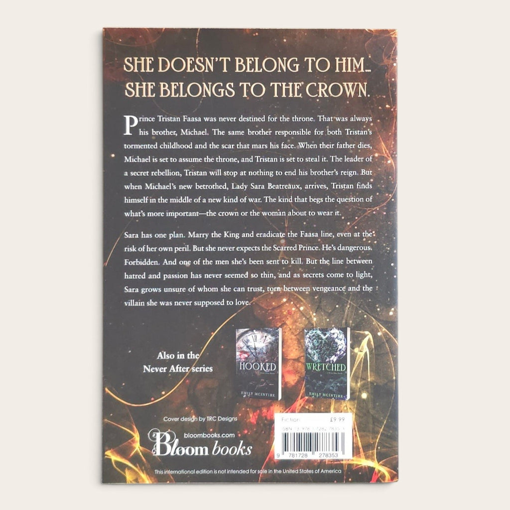 Back cover of a paperback book Scarred by Emily McIntire