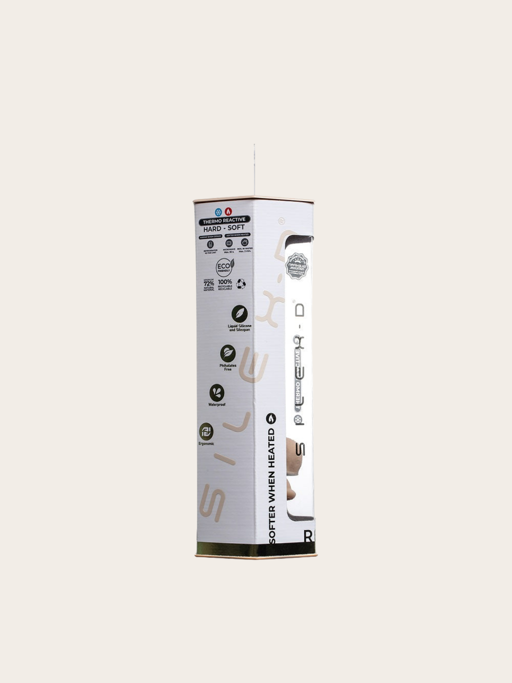 A tall, narrow white product box with black text and icons, shown upright on a plain light beige background. 