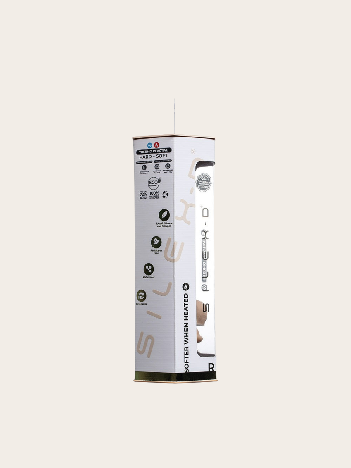 A tall, narrow white product box with black text and icons, shown upright on a plain light beige background. 