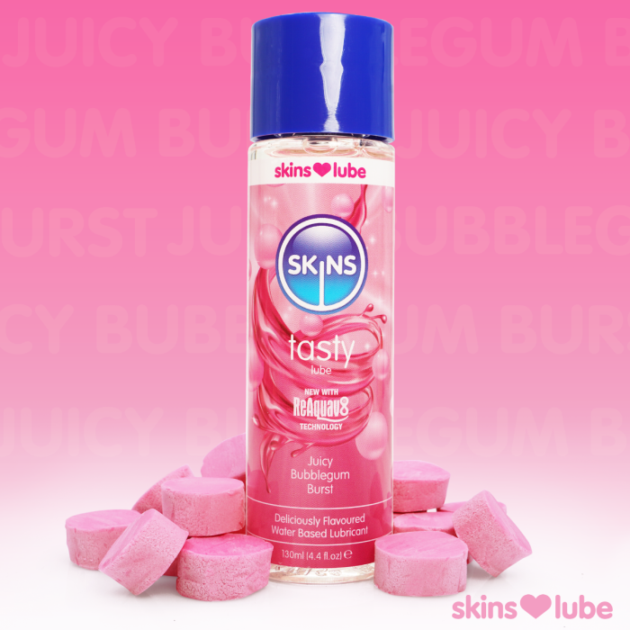 Skins lube bottle with pink packaging and bubblegum flavor on a pink background