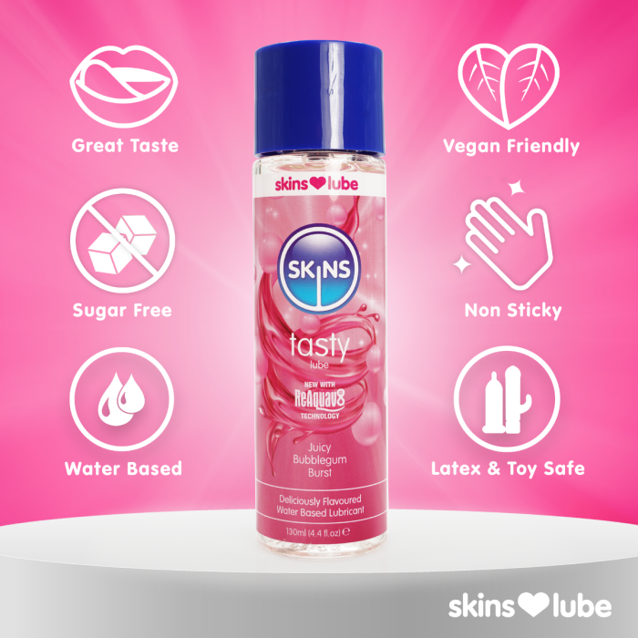 Bottle of Skins lubricant with features on a pink background