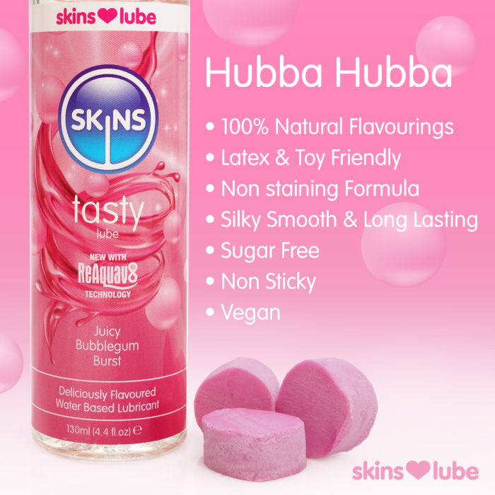SKINS Bubblegum lubricant bottle with product features on a pink background
