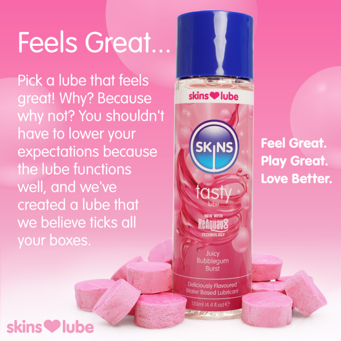 Skins tasty lube bottle with pink packaging and bubbles on a pink background