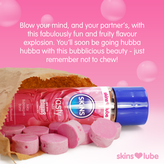 Skins lubricant packaging with pink bubblegum on a pink background