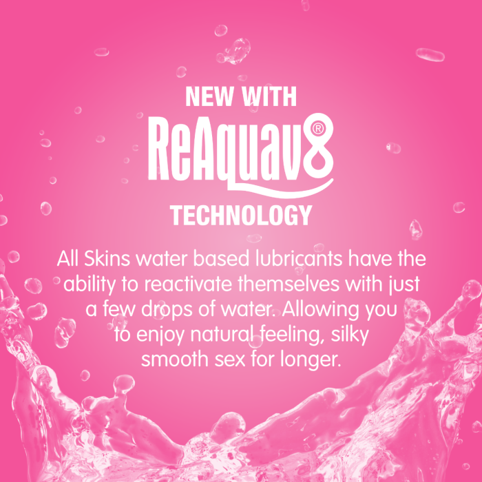 Pink promotional graphic with white text reading 'NEW WITH ReAquaV8 TECHNOLOGY' and descriptive copy about water-based lubricants, plus bubble and splash graphics.