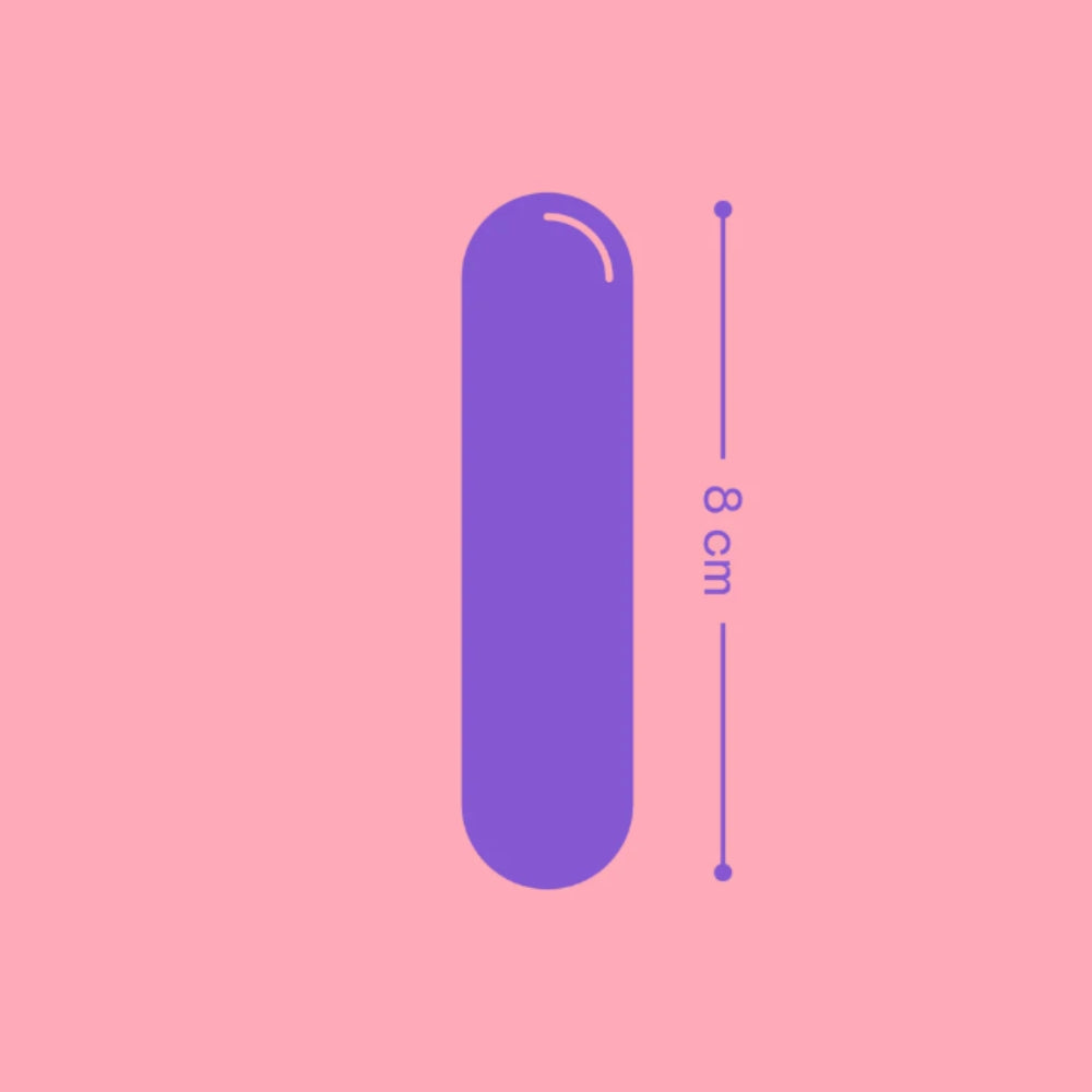 Purple bullet outline with a measurement of 8cm on a pink background