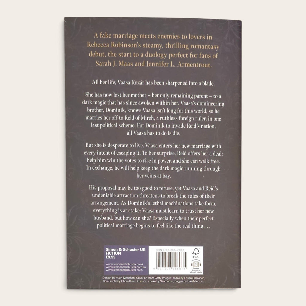 The back cover of the paperback book 'The Serpent and the Wolf by Rebecca Robinson with a barcode at the bottom.