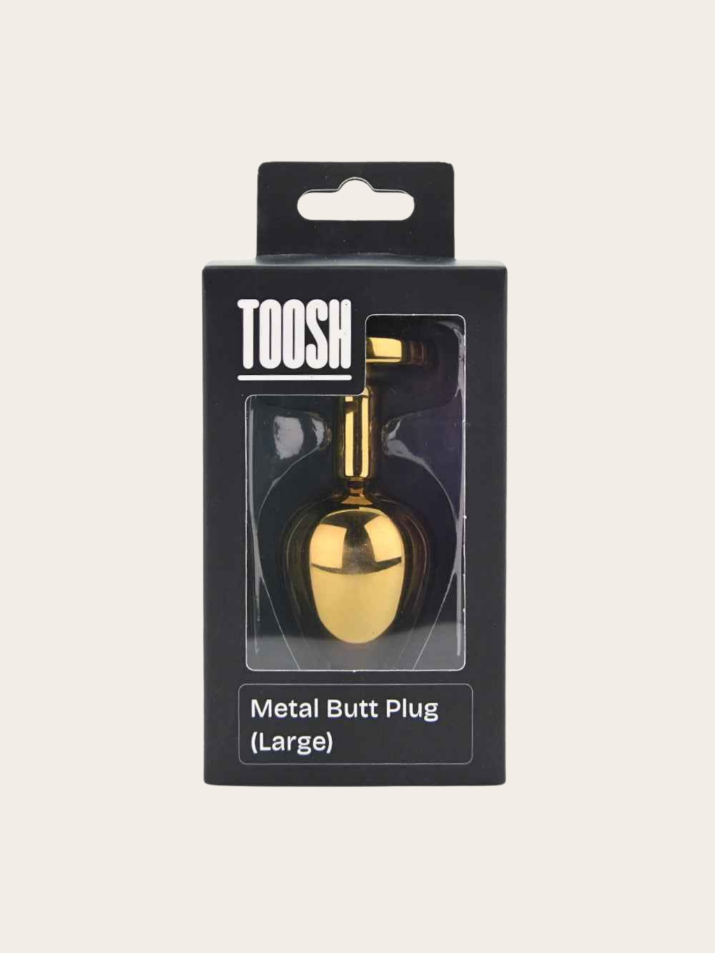 A gold metallic butt plug in its original black retail packaging, labeled 'TOOSH Metal Butt Plug (Large)'.