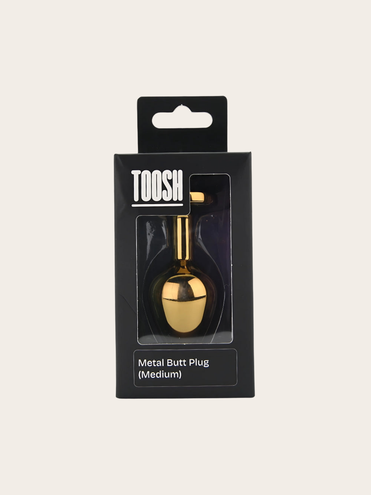 TOOSH gold butt plug in a black retail box