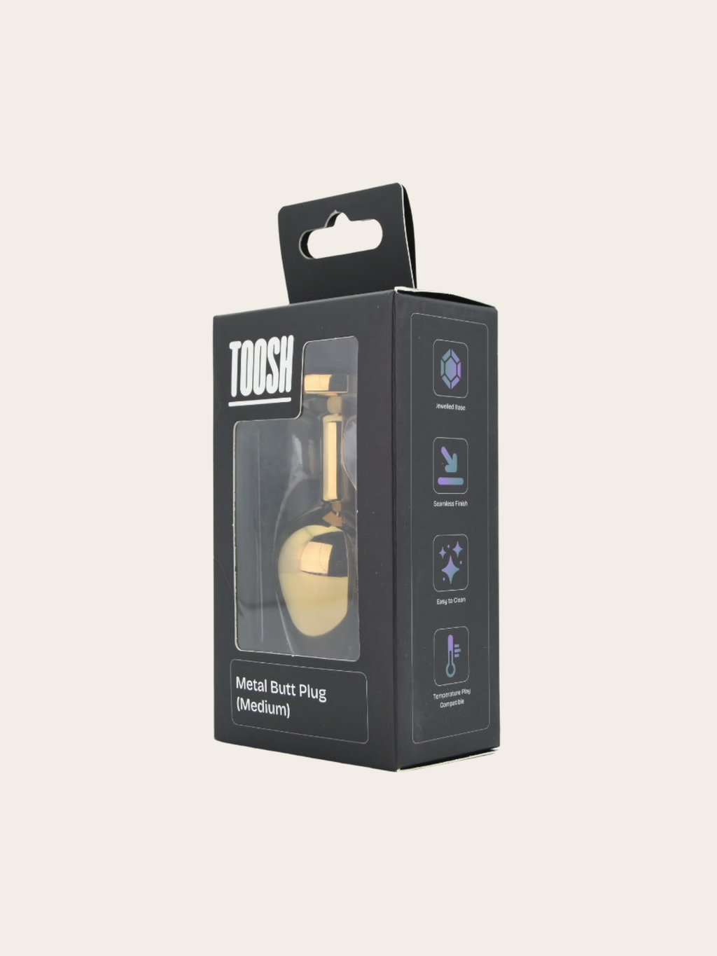 TOOSH brand metal butt plug in medium size, shown inside its black retail packaging box with a clear window.