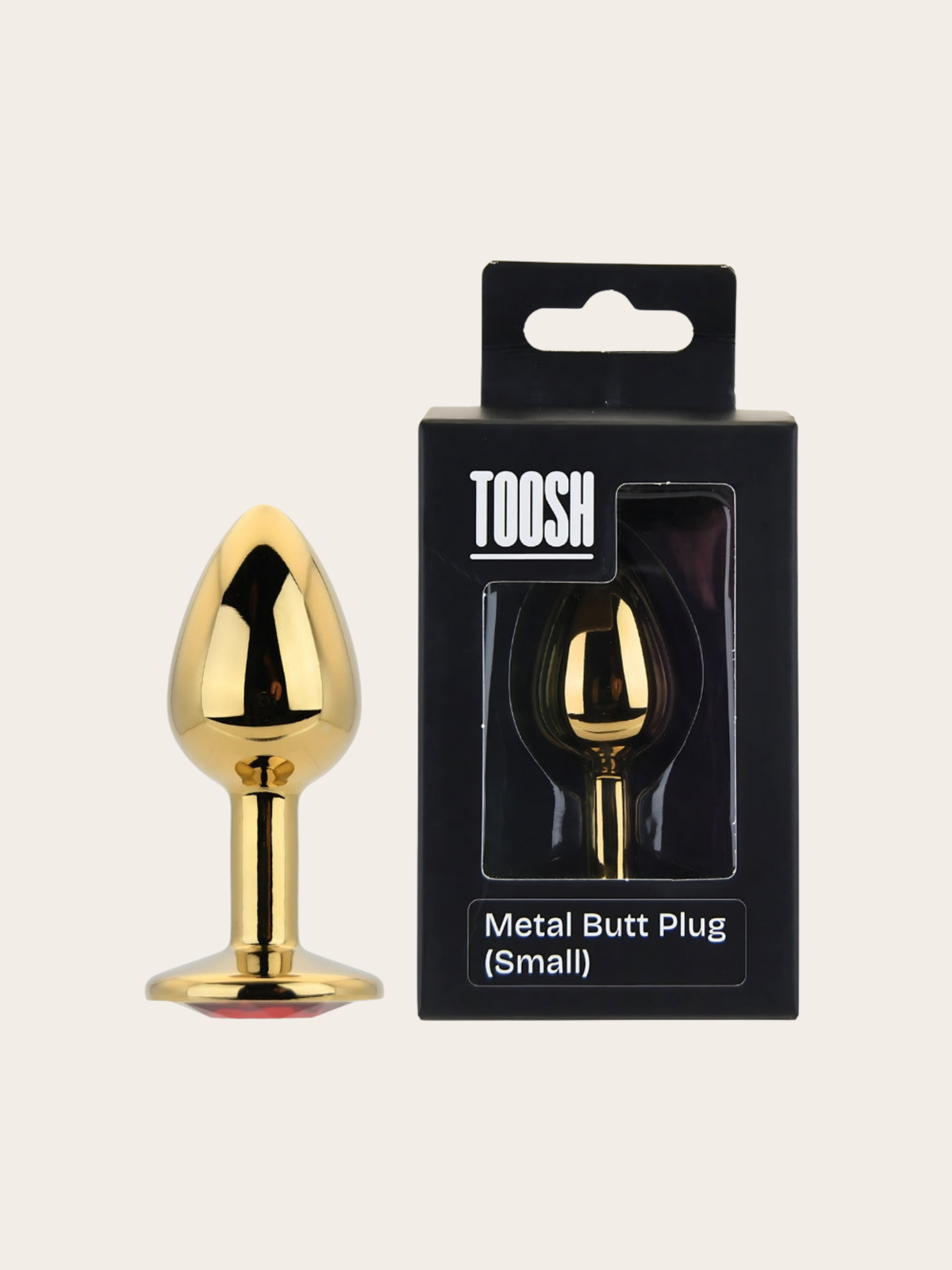 A shiny gold metal butt plug shown next to its black retail packaging box, which is labeled 'TOOSH' and 'Metal Butt Plug (Small)'.