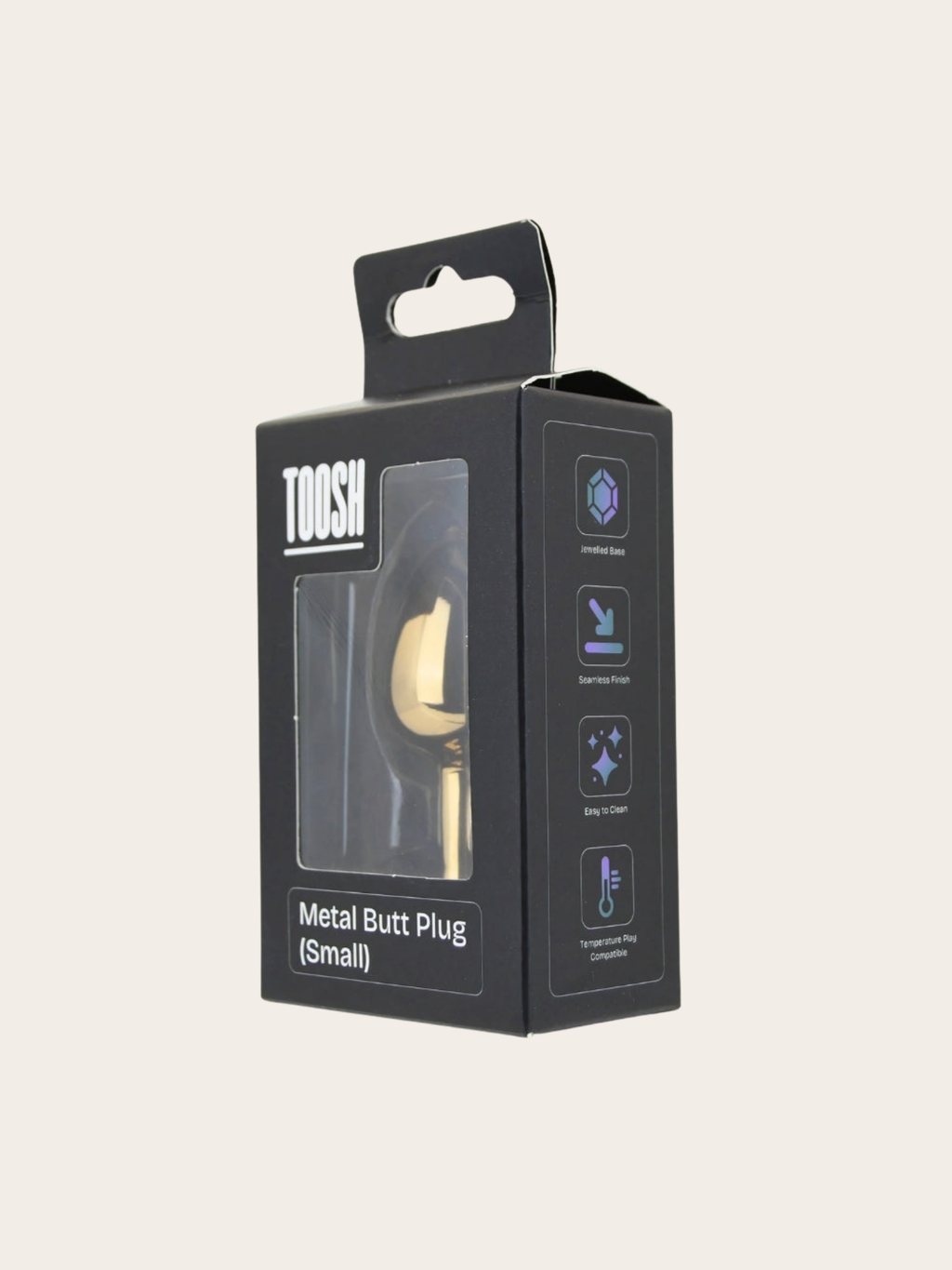 TOOSH brand black retail packaging box for a small metal butt plug, featuring a clear window showing the gold-toned product inside and feature icons on the side.