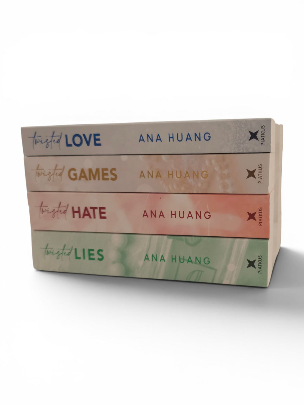 Four paperback books from the 'Twisted' series by Ana Huang are stacked vertically on a white background. The spines show pastel-colored covers: beige for 'Love', peach for 'Games', coral pink for 'Hate', and mint green for 'Lies'.