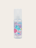 A small clear plastic spray bottle labeled 'Unihorn Toy Cleaner' with pastel unicorn artwork on a light beige background.