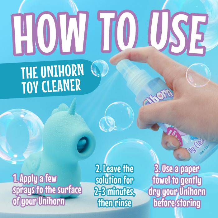 Unihorn toy cleaner with instructions on how to use it against a blue background with bubbles.