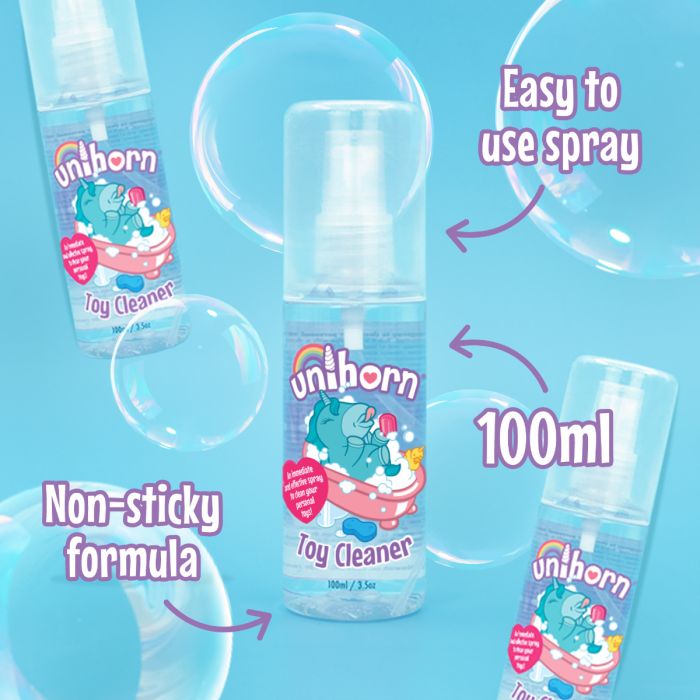 Unborn Toy Cleaner spray bottle with features highlighted on a blue background