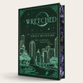 The book cover of 'Wretched' by Emily McIntire, featuring a dark green background with a teal line-art illustration of a city skyline, stars, and a crescent moon. The spine is visible on the right side, showing a purple and teal marbled pattern.
